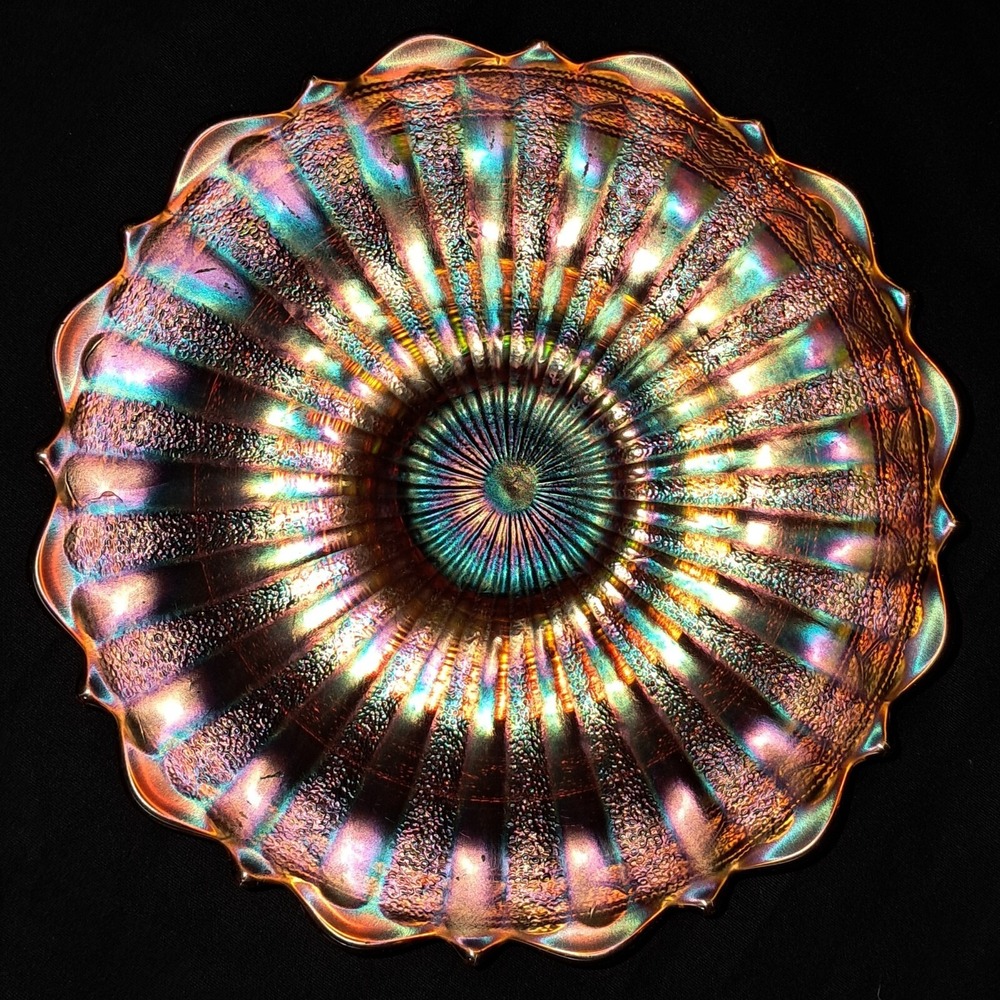 Fenton Stippled Rays with Scale Band Marigold Carnival Glass Plate Antique 7" e